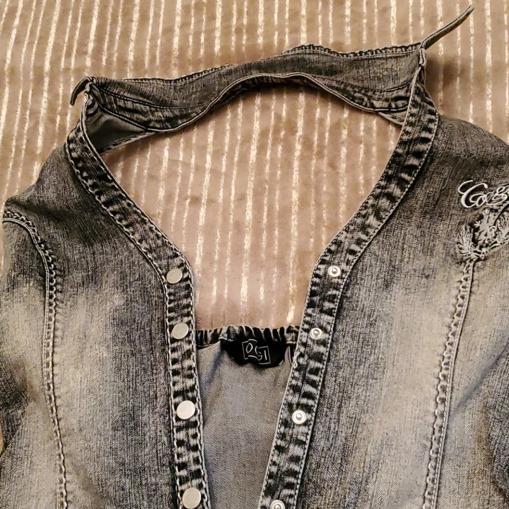 COOGI Washed Denim Halter Jumpsuit Romper in Faded Black/Grey - Picture 6 of 12
